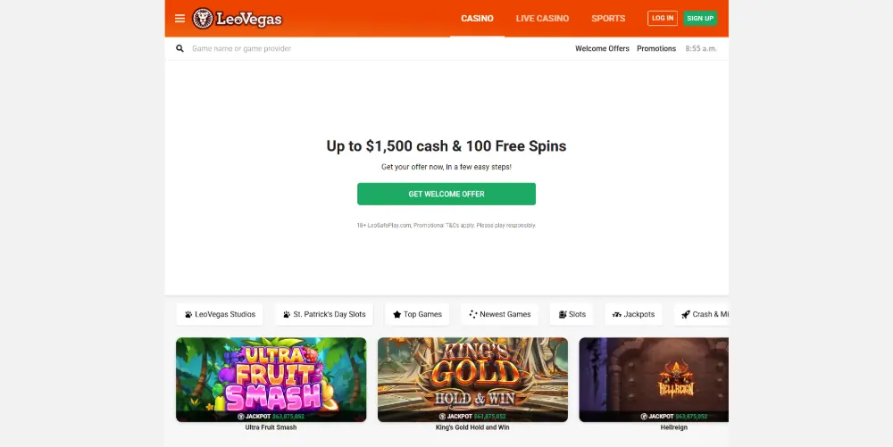 LeoVegas Casino homepage screenshot showing game lobby