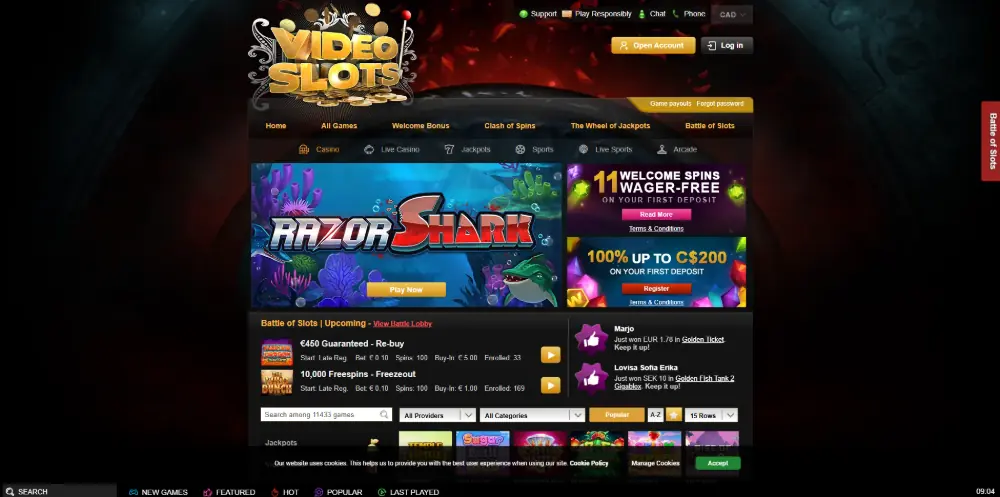 Videoslots Casino screenshot showing game library