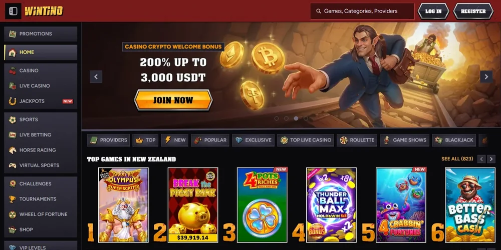 Wintino casino homepage screenshot showing the welcome offer and game lobby